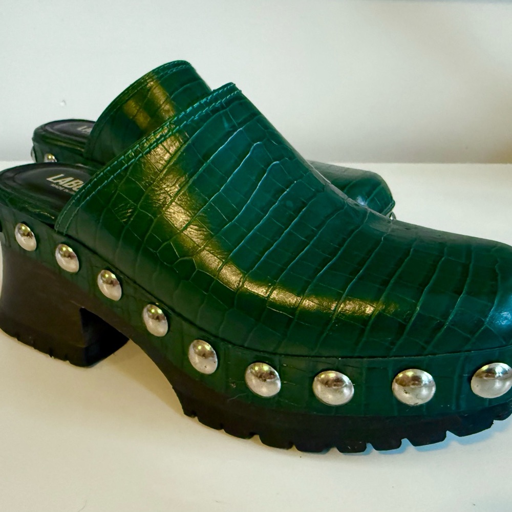 Labucq Green Studded Mules with Crocodile Texture